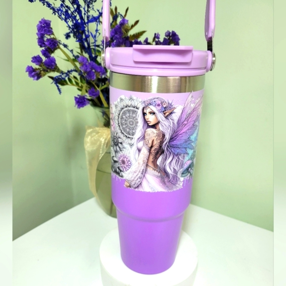 Purple Fantasy Art Tumbler Handmade Angel Fairy W/ Mandala + Flowers